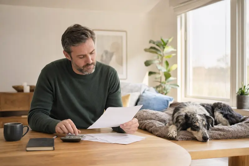 Ein entspannter Andalusischer Hund liegt neben einem Besitzer, der eine Tierarztrechnung am Tisch studiert.