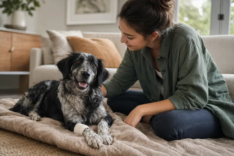 Ein Andalusischer Türke Hund mit leichtem Verband an der Pfote liegt ruhig auf einer Decke neben seinem erleichterten Besitzer in einer hellen Wohnung.