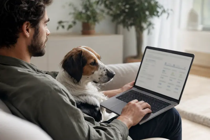 Ein Hundebesitzer sitzt entspannt auf dem Sofa mit einem Laptop, während ein Andalusischer Türke Hund neben ihm sitzt und auf den Bildschirm schaut.