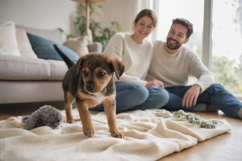 Ein neugieriger Andalusischer Türke Welpe erkundet sein neues Zuhause mit einer weichen Decke und Spielzeug, während eine liebevolle Familie im Hintergrund lächelt.