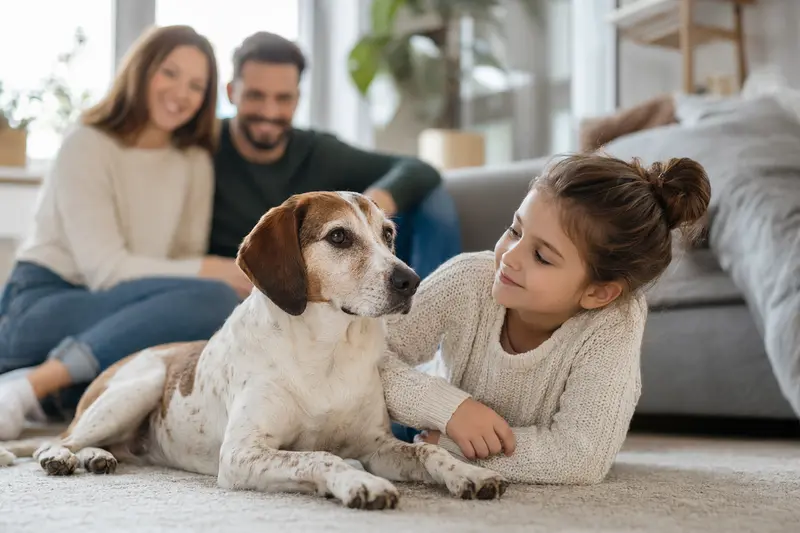 Ein freundlicher Anglo Francais de Petite Venerie liegt entspannt neben einem Kind im hellen Wohnzimmer, während Eltern im Hintergrund eine sichere Familienatmosphäre schaffen.