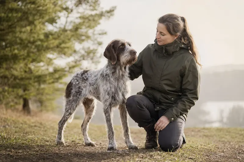 Ein Anglo Francais de Petite Venerie Hund steht aufmerksam vor hellem Hintergrund in natürlicher Haltung und zeigt seine typische Körperform.