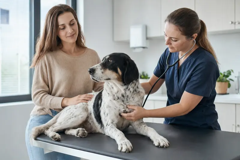 Ein freundlicher Anglo Francais de Petite Venerie Hund wird von einer Tierärztin mit einem Stethoskop untersucht, während sein Besitzer beruhigend danebensteht.