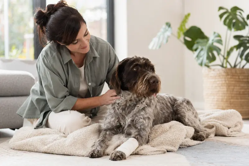 Ein Anglo Francais de Petite Venerie Hund mit einem leichten Verband an der Pfote liegt entspannt auf einer Decke, während sein Besitzer nebendran sitzt und erleichtert wirkt.