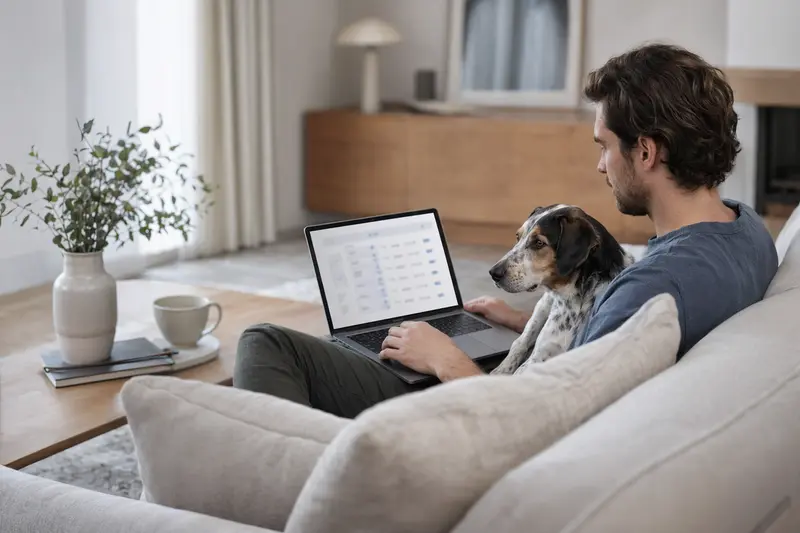Ein Hundebesitzer mit Laptop auf dem Sofa, neben ihm liegt ein Anglo Francais de Petite Venerie.