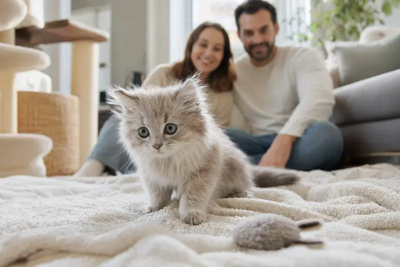 Eine junge Angorakatze entdeckt neugierig ihr neues Zuhause mit einer weichen Decke und Spielzeug, während eine liebevolle Familie im Hintergrund zu sehen ist.