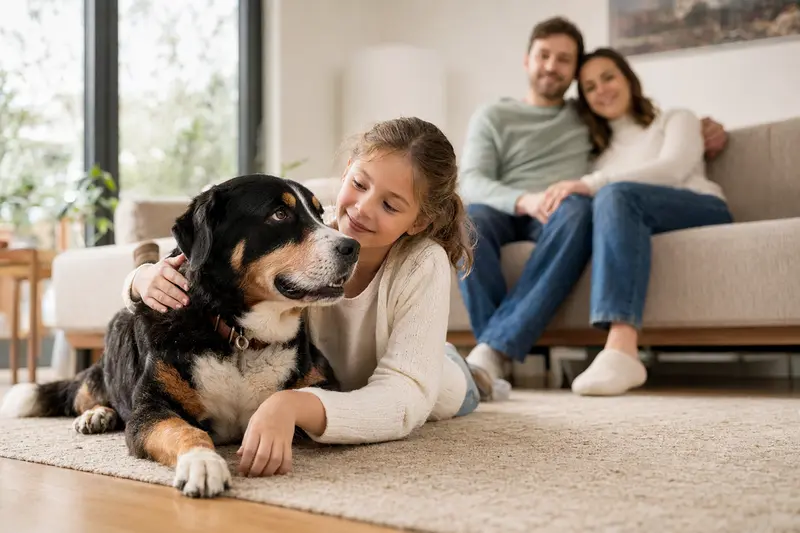 Ein Appenzeller Sennenhund entspannt neben einem Kind im Wohnzimmer mit Eltern im Hintergrund.