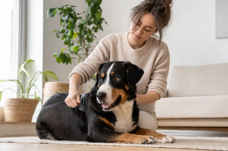 Der Besitzer bürstet sanft den Appenzeller Sennenhund in einer hellen Wohnung, was die Bedeutung von liebevoller Fellpflege verdeutlicht.