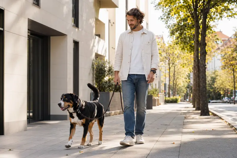 Ein Appenzeller Sennenhund läuft entspannt an der Leine mit seinem Besitzer durch eine moderne Stadtstraße in natürlichem Licht.