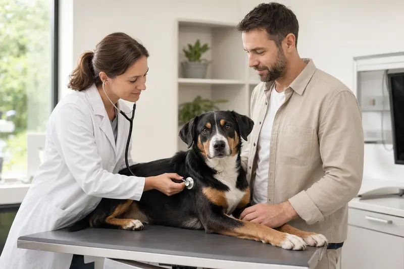 Eine freundliche Tierärztin untersucht behutsam einen ruhigen Appenzeller Sennenhund auf einem Untersuchungstisch in einer modernen Tierarztpraxis.