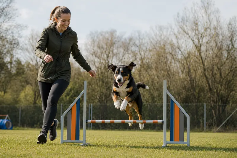 Ein Appenzeller Sennenhund springt beim Training mit seinem Besitzer über eine kleine Hürde auf dem Hundeplatz.