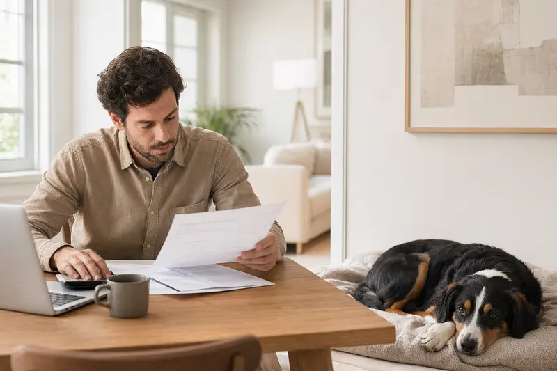 Ein Besitzer sitzt entspannt am Tisch mit einer Tierarztrechnung, während ein Appenzeller Sennenhund auf einer Decke liegt.