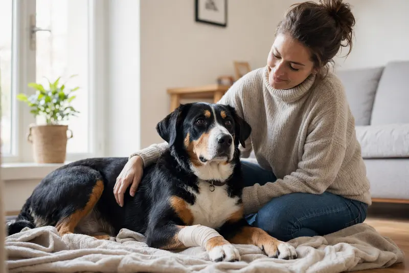 Ein Appenzeller Sennenhund mit leichtem Verband an der Pfote liegt entspannt auf einer Decke, während sein Besitzer erleichtert neben ihm sitzt.