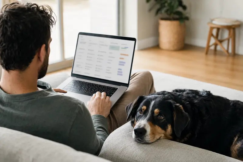 Besitzer sitzt mit Laptop auf dem Sofa, neben ihm ein Appenzeller Sennenhund, während er Versicherungsvergleiche betrachtet.
