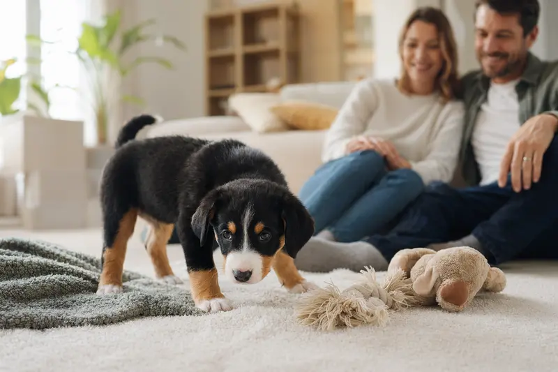 Ein neugieriger Appenzeller Sennenhund Welpe erkundet sein neues Zuhause mit einer weichen Decke und Spielzeug.