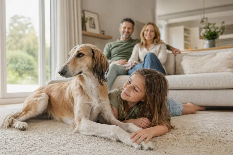 Ein freundlicher Arabischer Windhund entspannt neben einem Kind im Wohnzimmer und vermittelt eine vertrauensvolle Familienatmosphäre.