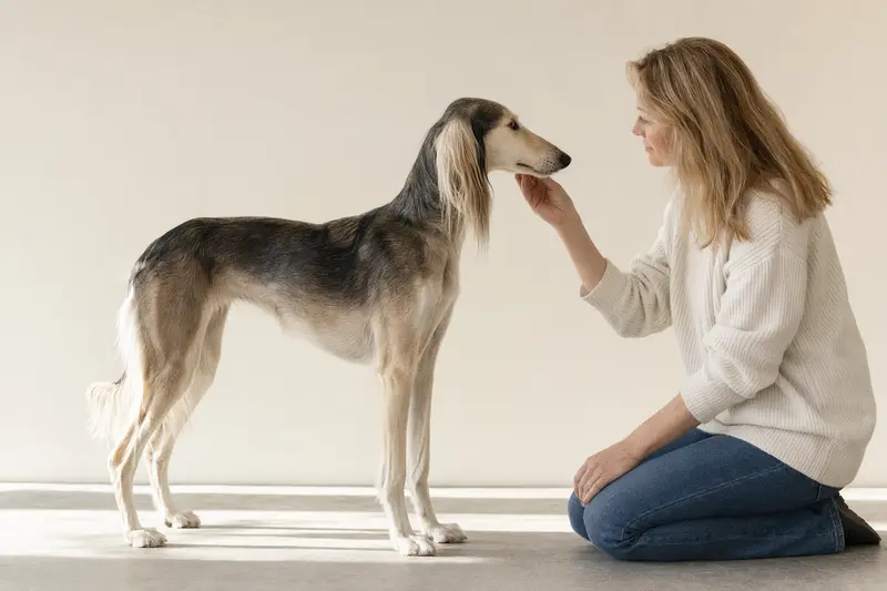 Ein schöner Arabischer Windhund präsentiert sich aufmerksam vor einem neutralen Hintergrund mit klaren Details und weichem Licht.