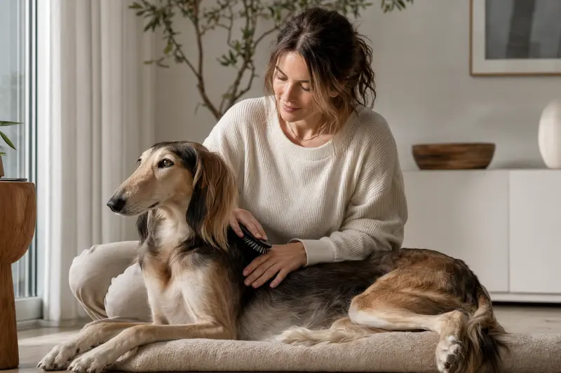 Ein Arabischer Windhund wird zuhause sanft von seinem Besitzer gebürstet, was die Bedeutung von Fellpflege und Tiergesundheit unterstreicht.