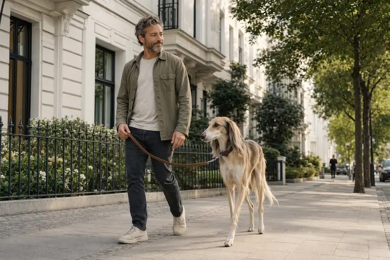 Ein Arabischer Windhund läuft an der Leine mit seinem Besitzer entspannt durch eine moderne Stadtstraße.