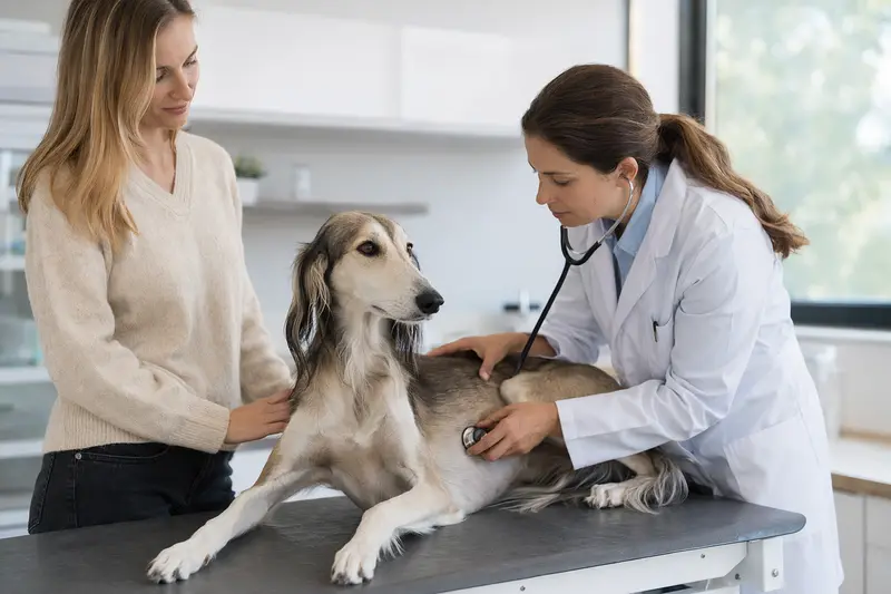 Ein ruhiger Arabischer Windhund wird von einer freundlichen Tierärztin behutsam mit einem Stethoskop untersucht, während der Besitzer daneben steht.
