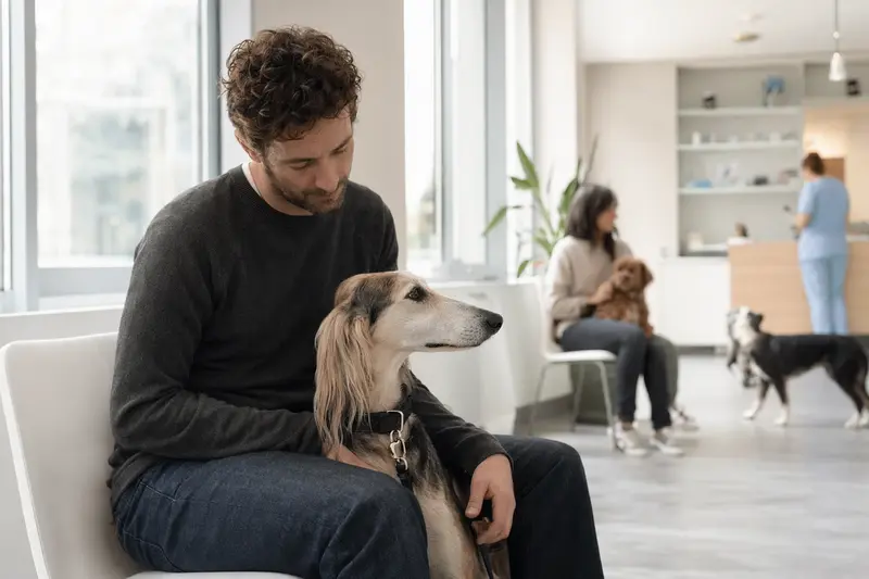 Ein ruhiger Arabischer Windhund sitzt neben seinem Besitzer in einem modernen, hellen Wartezimmer einer Tierarztpraxis.