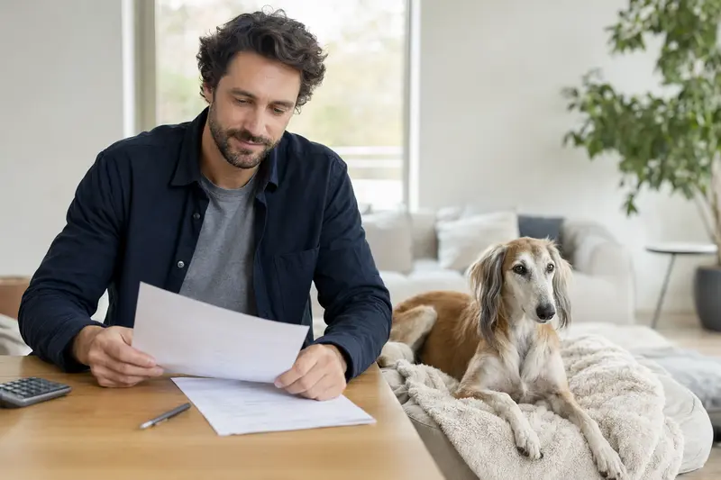 Ein entspannter Arabischer Windhund liegt neben einer Tierarztrechnung auf einem Tisch in einer ruhigen Wohnung.