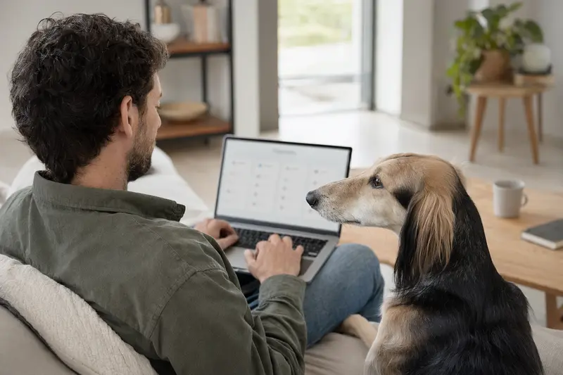 Ein Hundehalter sitzt mit einem Laptop auf dem Sofa und vergleicht Tierkrankenversicherungen, ein Arabischer Windhund liegt entspannt neben ihm.