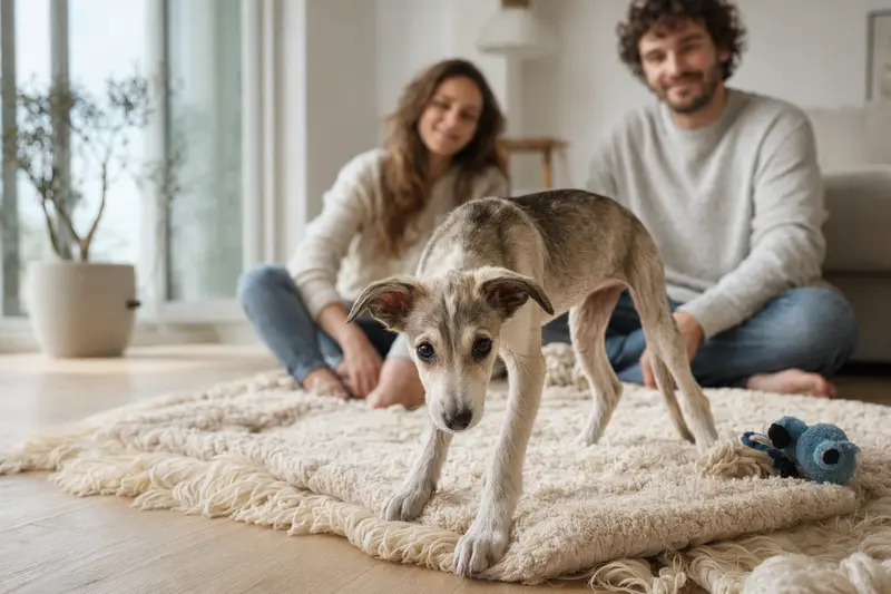 Ein junger Arabischer Windhund Welpe erkundet neugierig seine neue Wohnung mit Spielzeug und einer weichen Decke.