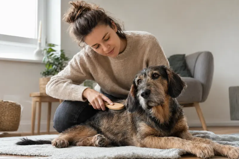 Ein Ardennen-Treibhund wird liebevoll von seinem Besitzer in einer hellen Wohnung gebürstet, was die Wichtigkeit der Fellpflege und Gesundheit betont.
