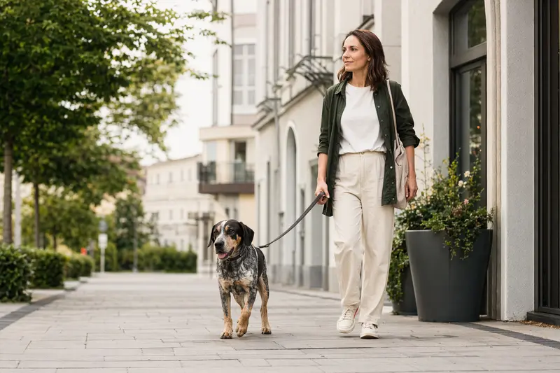 Ein Ardennen-Treibhund läuft an der Leine mit seinem Besitzer durch eine moderne Stadtstraße.
