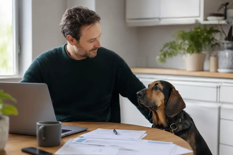 Ein Ardennen-Treibhund sitzt geduldig neben seinem Besitzer am Küchentisch mit Versicherungsunterlagen.