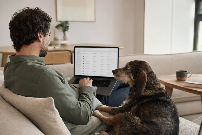 Ein Hundebesitzer arbeitet mit Laptop auf dem Sofa, während ein Ardennen-Treibhund aufmerksam neben ihm sitzt, symbolisiert Vertrauen und Sicherheit bei der Versicherungsentscheidung.