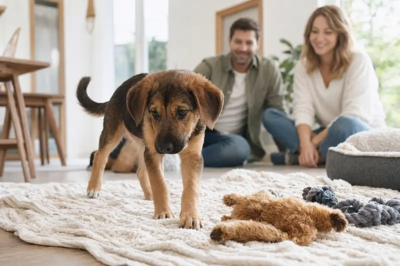 Ein neugieriger Ardennen-Treibhund Welpe entdeckt seine neue, liebevolle Umgebung mit Spielzeug und sanfter Decke.