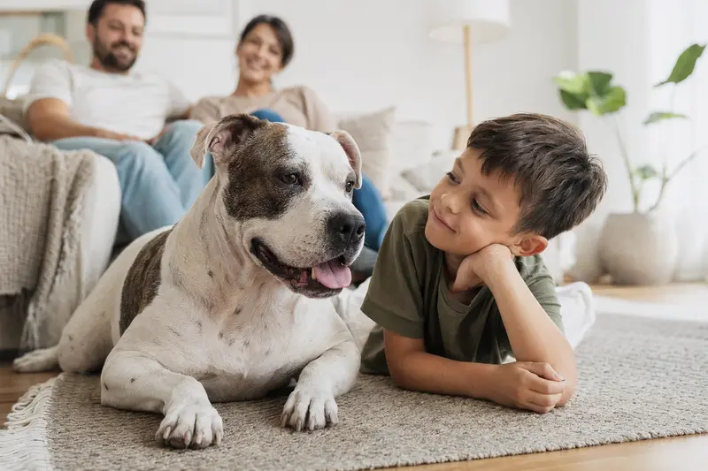 Argentinische Bulldogge liegt entspannt neben einem Kind im hellen Wohnzimmer mit Eltern im Hintergrund.