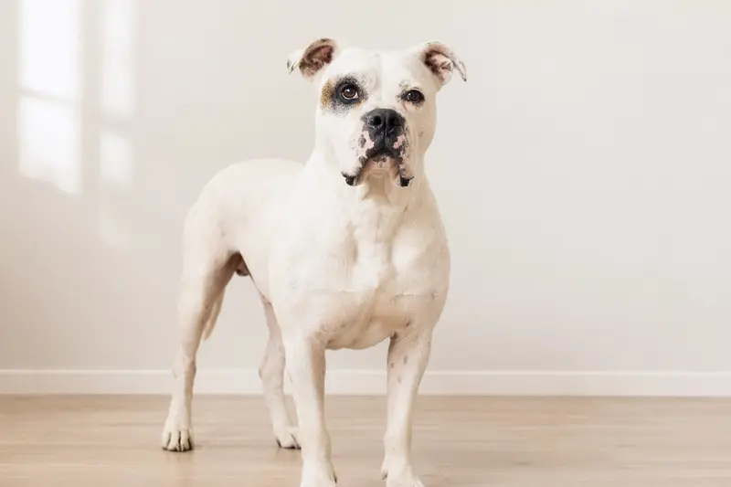 Aufmerksam stehende Argentinische Bulldogge vor hellem neutralem Hintergrund in realistischem Tierportrait.