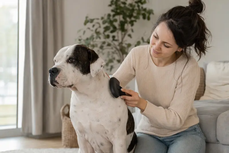 Eine Argentische Bulldogge wird in der hellen Wohnung sanft gebürstet und erhält liebevolle Fellpflege durch ihren Besitzer.