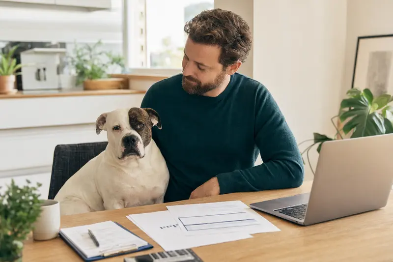 Eine Argentinische Bulldogge sitzt ruhig neben ihrem Besitzer am Küchentisch mit Versicherungsunterlagen und Laptop, passend zum Thema Hundeversicherung.