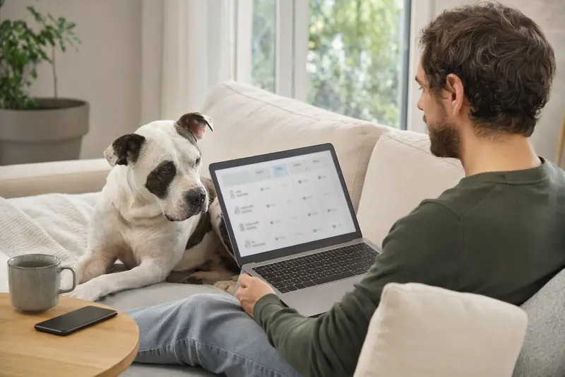 Ein Besitzer mit seinem argentinischen Bulldoggenhund sitzt entspannt auf dem Sofa mit einem Laptop zur Überprüfung von Tierversicherungen.