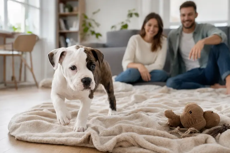 Neugieriger Welpe einer Argentinischen Bulldogge erkundet sein neues Zuhause mit Decke und Spielzeug in einer hellen Wohnung.