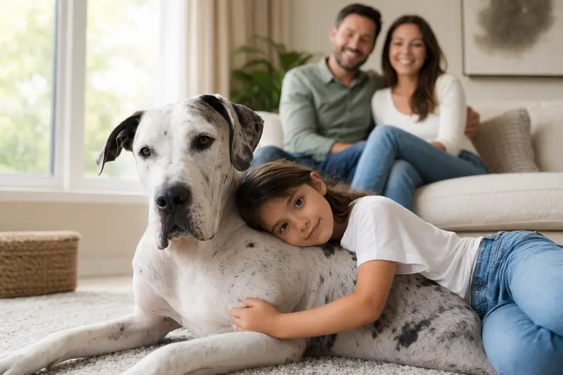 Eine entspannte Argentinische Dogge liegt neben einem Kind in einem hellen Wohnzimmer.