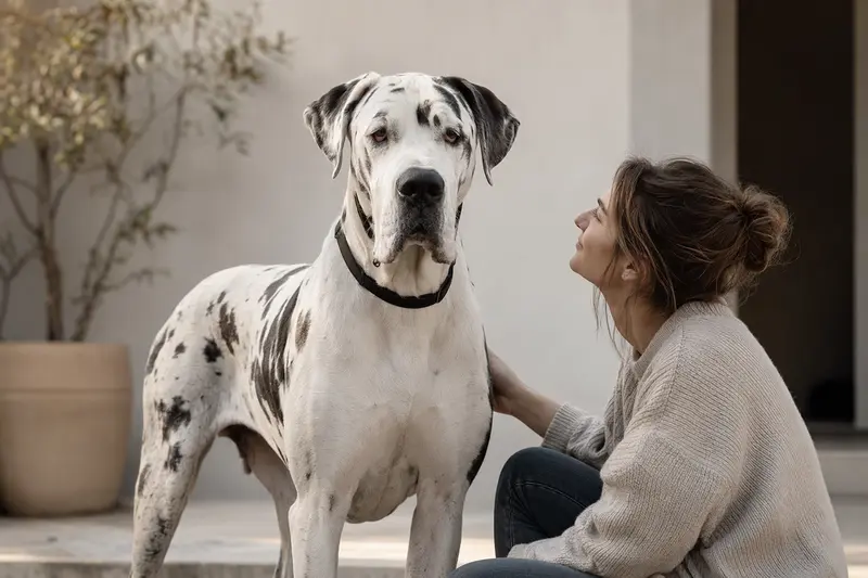 Eine aufmerksame Argentinische Dogge steht vor einem hellen Hintergrund und zeigt ihre typischen Merkmale.