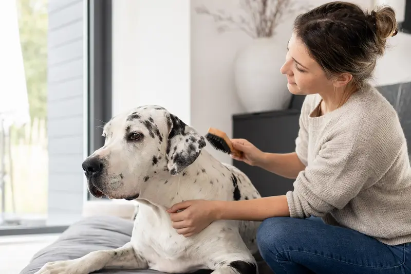 Ein Argentinische Dogge Hund wird sanft in einer hellen Wohnung gebürstet.