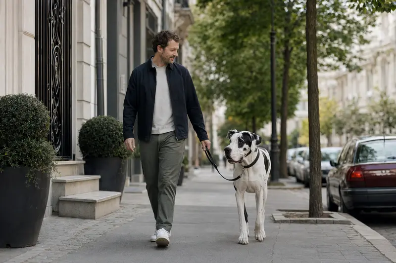 Ein Argentinische Dogge zieht mit ihrem Besitzer durch eine moderne und saubere Stadtstraße.