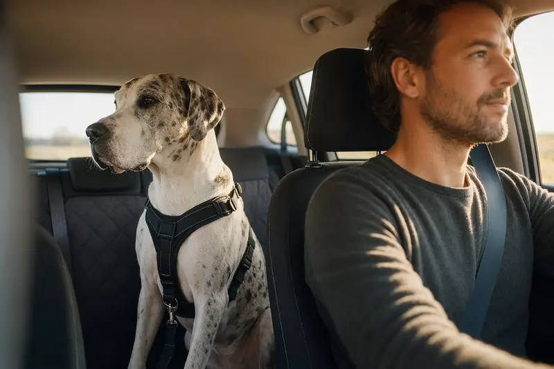 Eine Argentinische Dogge sitzt sicher angeschnallt auf der Rückbank eines Autos, während das Sonnenlicht durch das Fenster strahlt.