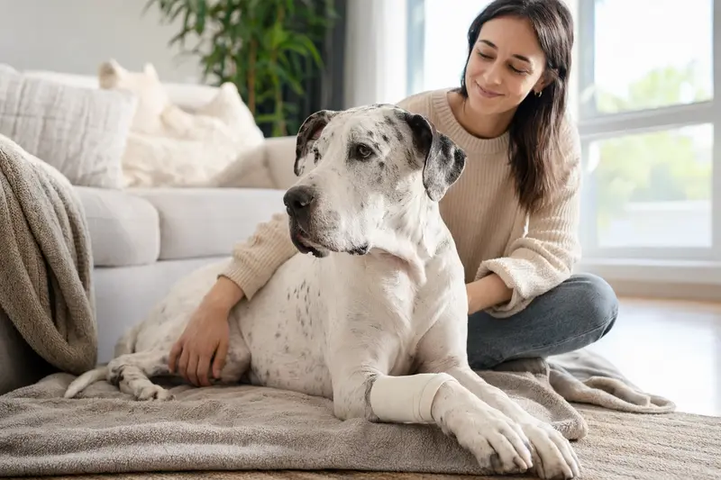 Ein Argentinische Dogge mit Verband liegt auf einer Decke, während sein Besitzer sorgsam daneben sitzt.