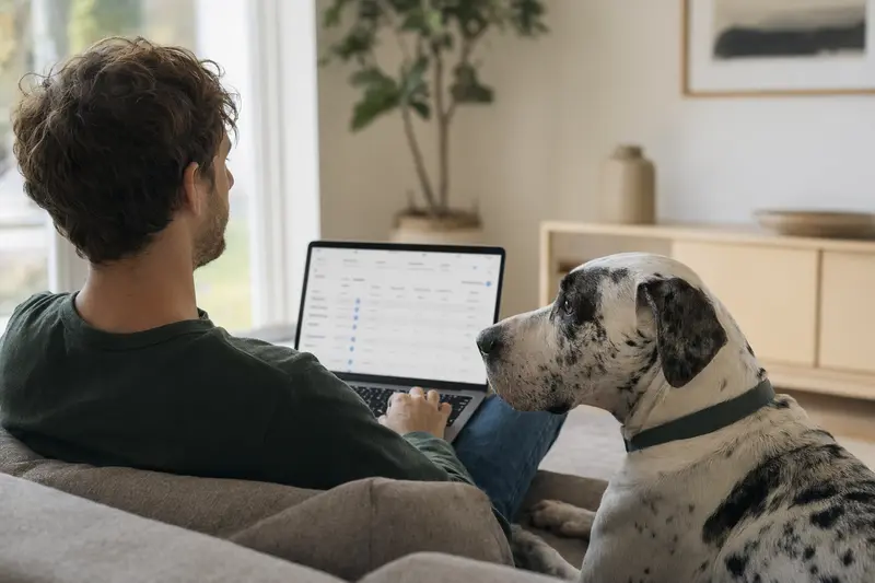 Ein Hundebesitzer arbeitet am Laptop auf dem Sofa, während eine Argentinische Dogge entspannt neben ihm sitzt, ein Versicherungsvergleich im Hintergrund.