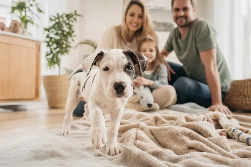 Ein junger Argentinische Dogge Welpe erkundet neugierig sein neues Zuhause mit liebevoller Familie im Hintergrund.