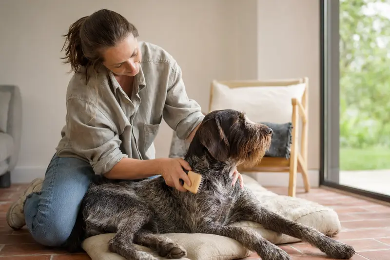 Ein Ariege-Vorstehhund wird liebevoll von seinem Besitzer in einer hellen Wohnung gebürstet.