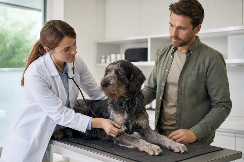 Ein ruhiger Ariege-Vorstehhund wird in einer modernen Tierarztpraxis von einer freundlichen Tierärztin mit einem Stethoskop untersucht, während der Besitzer beruhigend daneben steht.