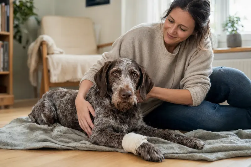 Ein beruhigter Ariege-Vorstehhund mit leichtem Verband an der Pfote liegt auf einer Decke, während sein erleichterter Besitzer neben ihm sitzt.